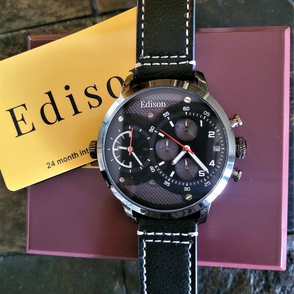 Edison Men's Oversized Dual Time Zone Black Leather Watch - Picture 2 of 6